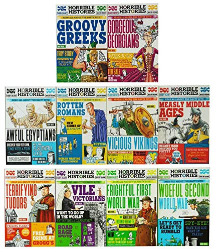 Horrible Histories Savage 10 Book Collection Set By Terry Deary (Awful Egyptians, Rotten Romans, Vicious Vikings, Measly Middle Ages, Terrifying Tudors, Vile Victorians, Frightful First World War & Moreā¦)