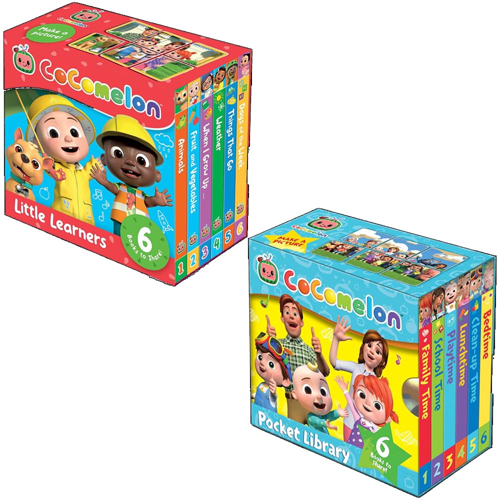 Cocomelon Little Learners Pocket Library 12 Board Books Collection Set (Animals, Fruit And Vegetables, Weather, Days of the Week, Family Time and More)
