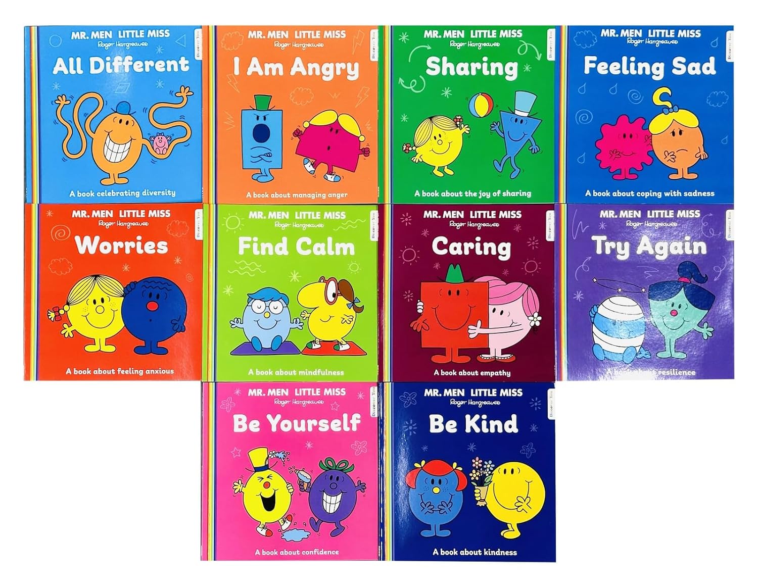 Mr Men and Little Miss Discover You 10 Books Collection Set By Roger Hargreaves (All Different, I Am Angry, Sharing, Feeling Sad, Worries, Find Calm, Caring, Try Again, Be Yourself and Be Kind)