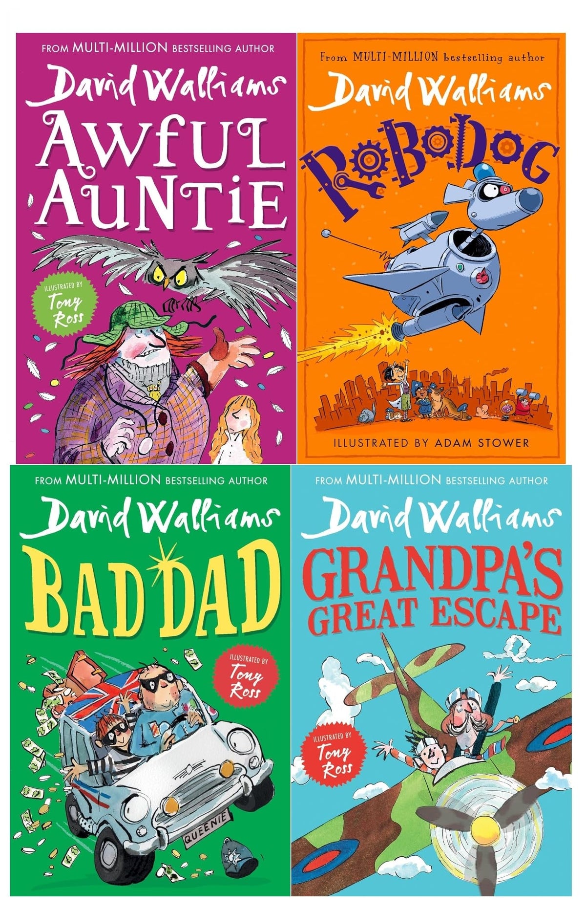 David Walliams 4 Books Collection Set Including Awful Auntie, Grandpa's Great Escape, Bad Dad and Robodog (Hardcover)