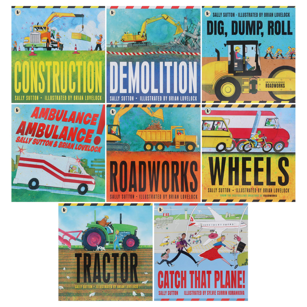 The Construction Crew Series By Sally Sutton Illustrated 8 Picture Books Collection Set (Construction, Demolition, Dig, Dump, Roll, AMBULANCE AMBULANCE!, Roadworks, Wheels, Tractor andCatch That Plane)