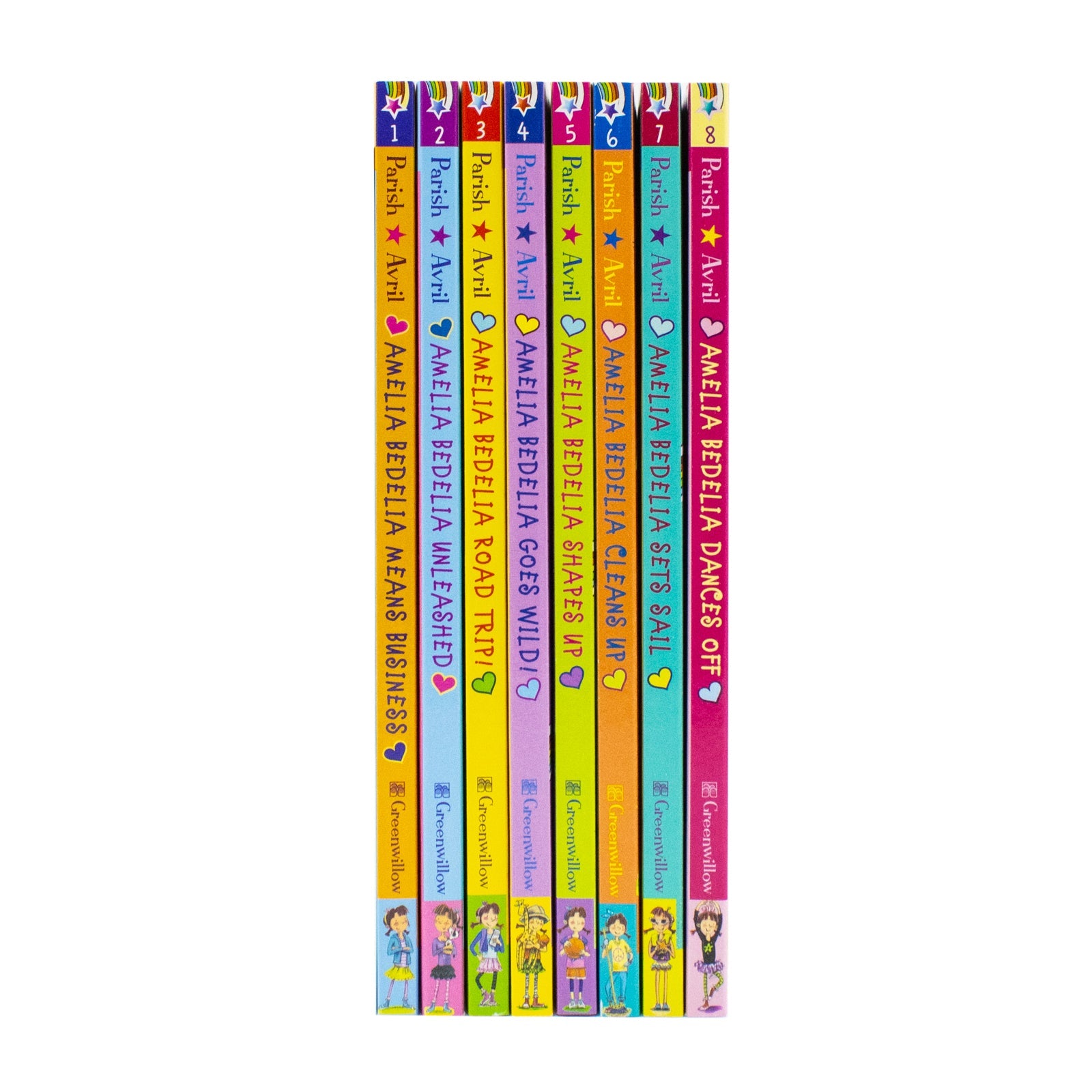 Amelia Bedelia 8 Book Collection Set by Hermin Parish (Dances Off, Sets Sail, Cleans Up, Shapes Up, Goes Wild, Road Trip, Unleashed, Means Business)