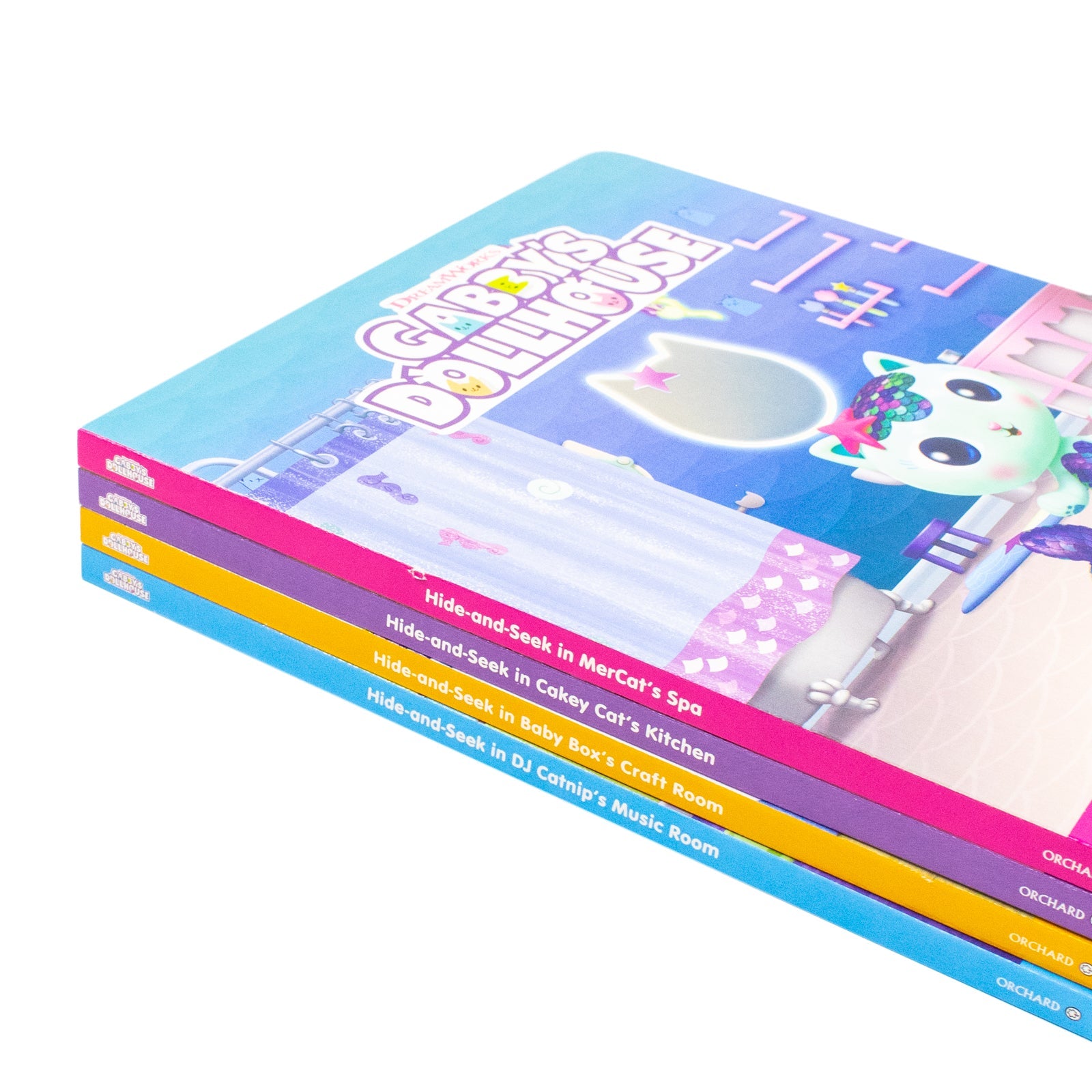 Gabby’s Dollhouse Hide-and-Seek 4 Books Collection Set - In Baby Box’s Craft Room, MerCat’s Spa, DJ Catnip’s Music Room and In Cakey Cat’s Kitchen | Board book