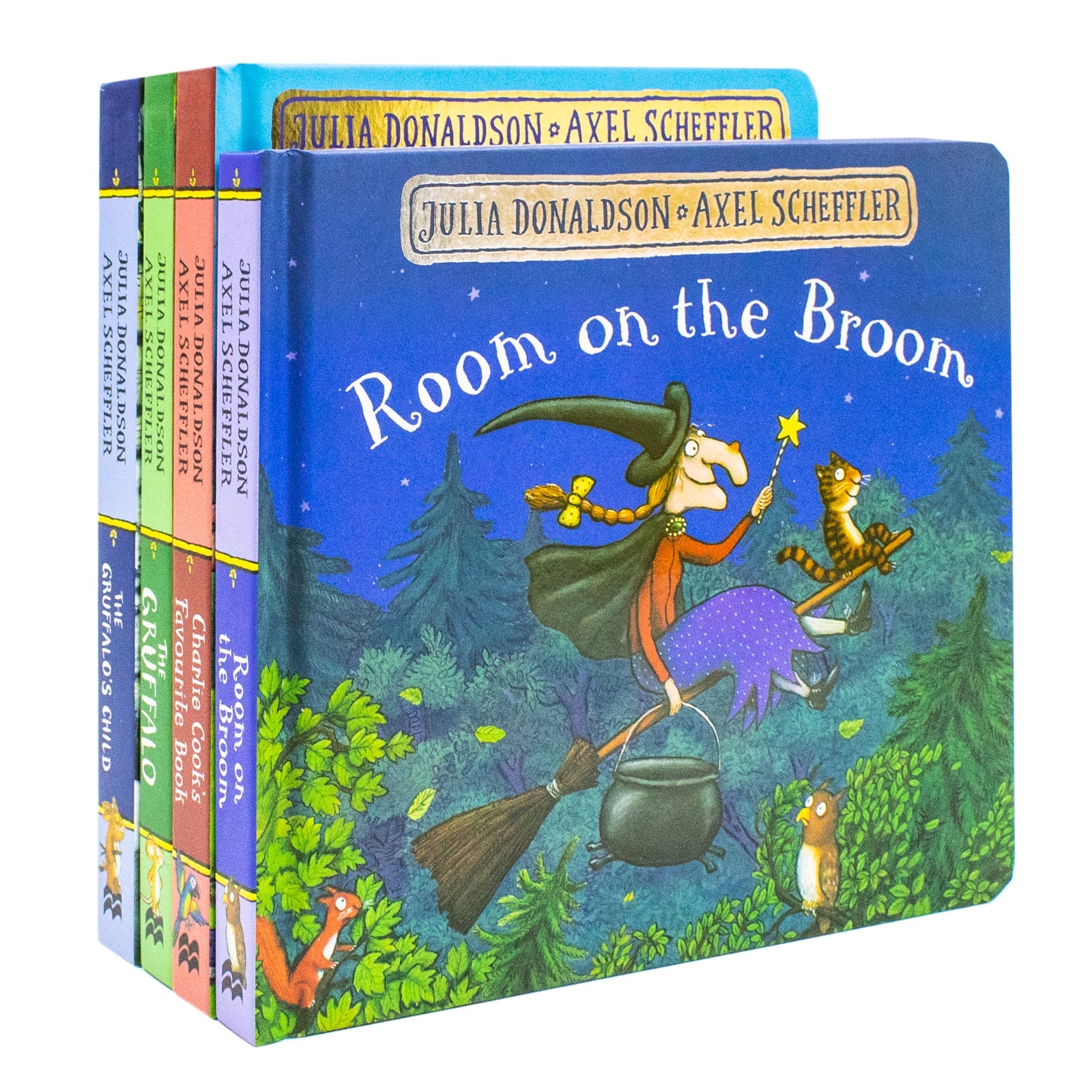 Julia Donaldson And Axel Scheffler 4 Book Collection Set (Charlie Cookie's Favourite Book, The Gruffalo, The Gruffalo's Child, Room On The Broom)