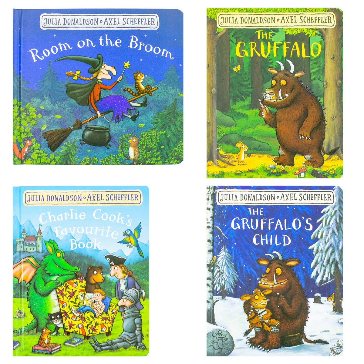 Julia Donaldson And Axel Scheffler 4 Books Collection Set (Charlie Cookie's Favourite Book, The Gruffalo, The Gruffalo's Child, Room On The Broom)- Board Book