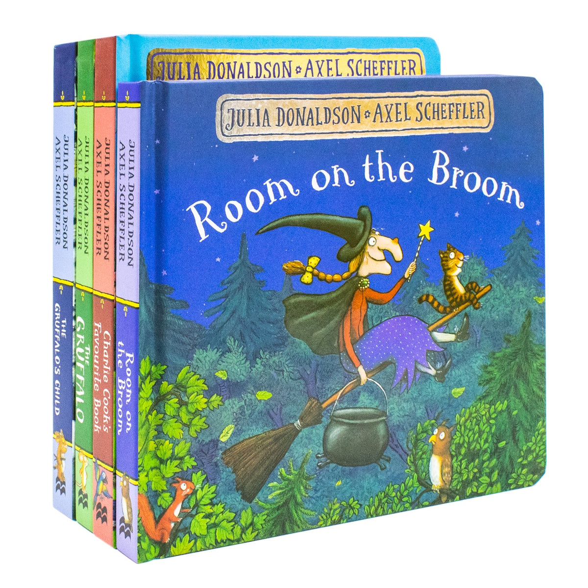 Julia Donaldson And Axel Scheffler 4 Books Collection Set (Charlie Cookie's Favourite Book, The Gruffalo, The Gruffalo's Child, Room On The Broom)- Board Book