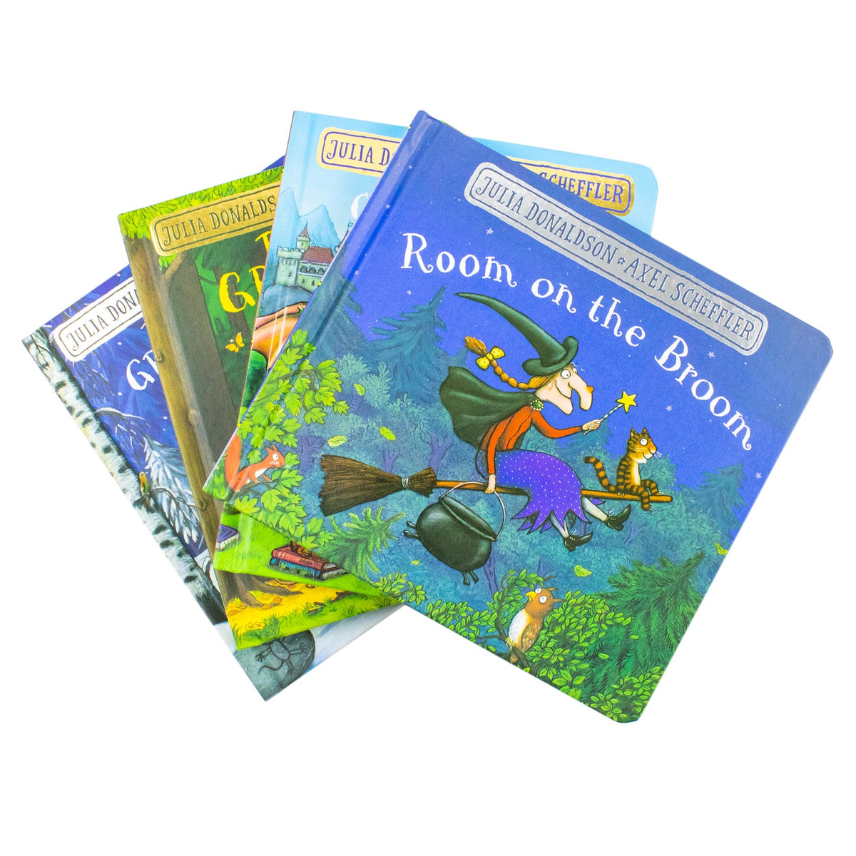 Julia Donaldson And Axel Scheffler 4 Books Collection Set (Charlie Cookie's Favourite Book, The Gruffalo, The Gruffalo's Child, Room On The Broom)- Board Book
