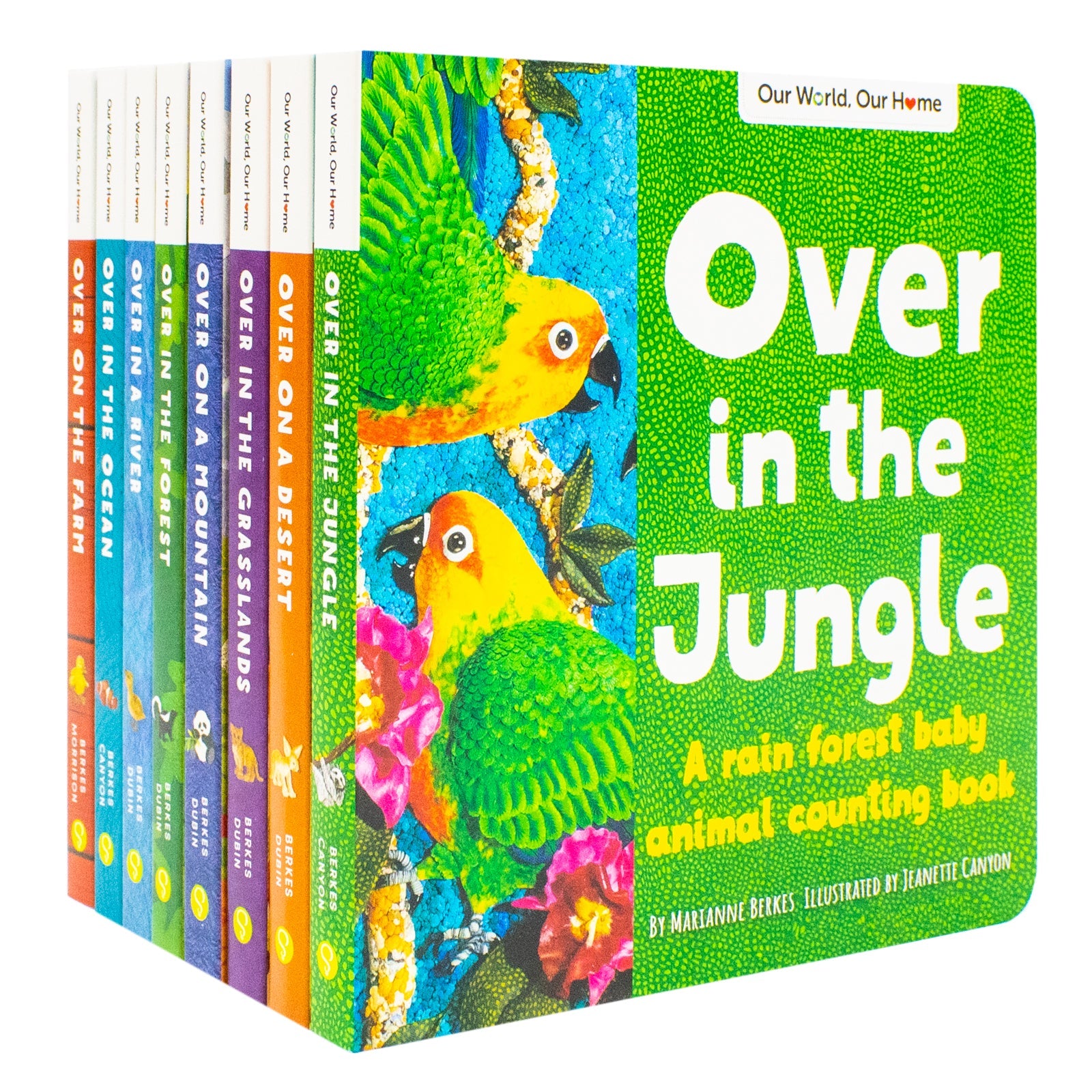 Our World Our Home Little Library 8 Board Book Collection Set by Marianne Berkes (Over on the Farm, in the Ocean, in a River, in the Forest, on a Mountain, in the Grasslands, on a Desert & in the Jungle)