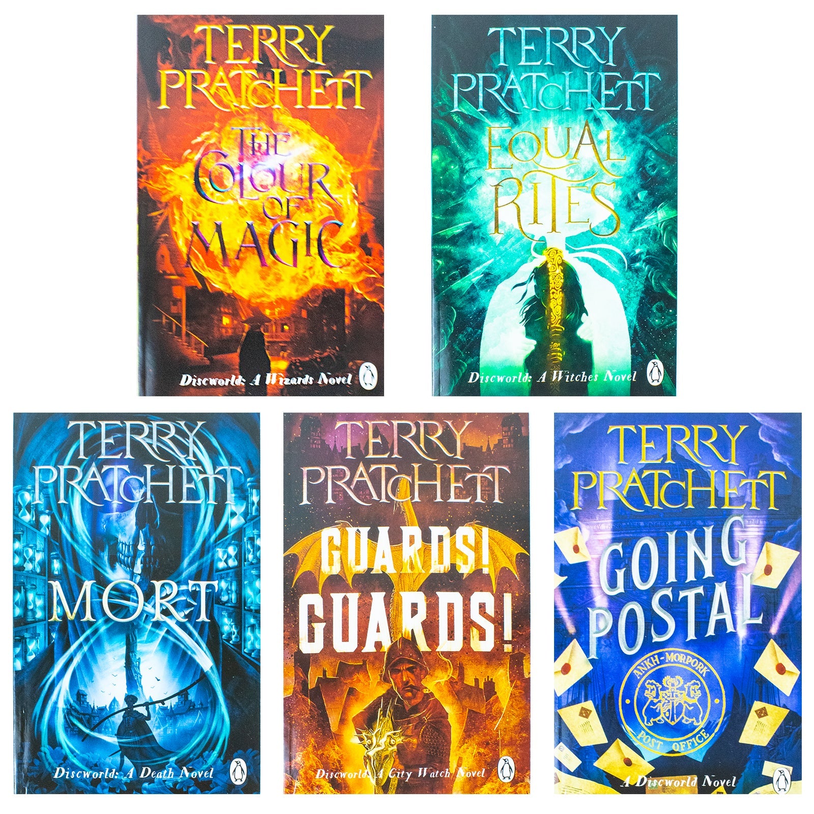 Terry Pratchett Discworld Novels 5-Book Collection Box Set: The Colour of Magic, Equal Rites, Mort, Guards! Guards! Going Postal – Fantasy Book Series
