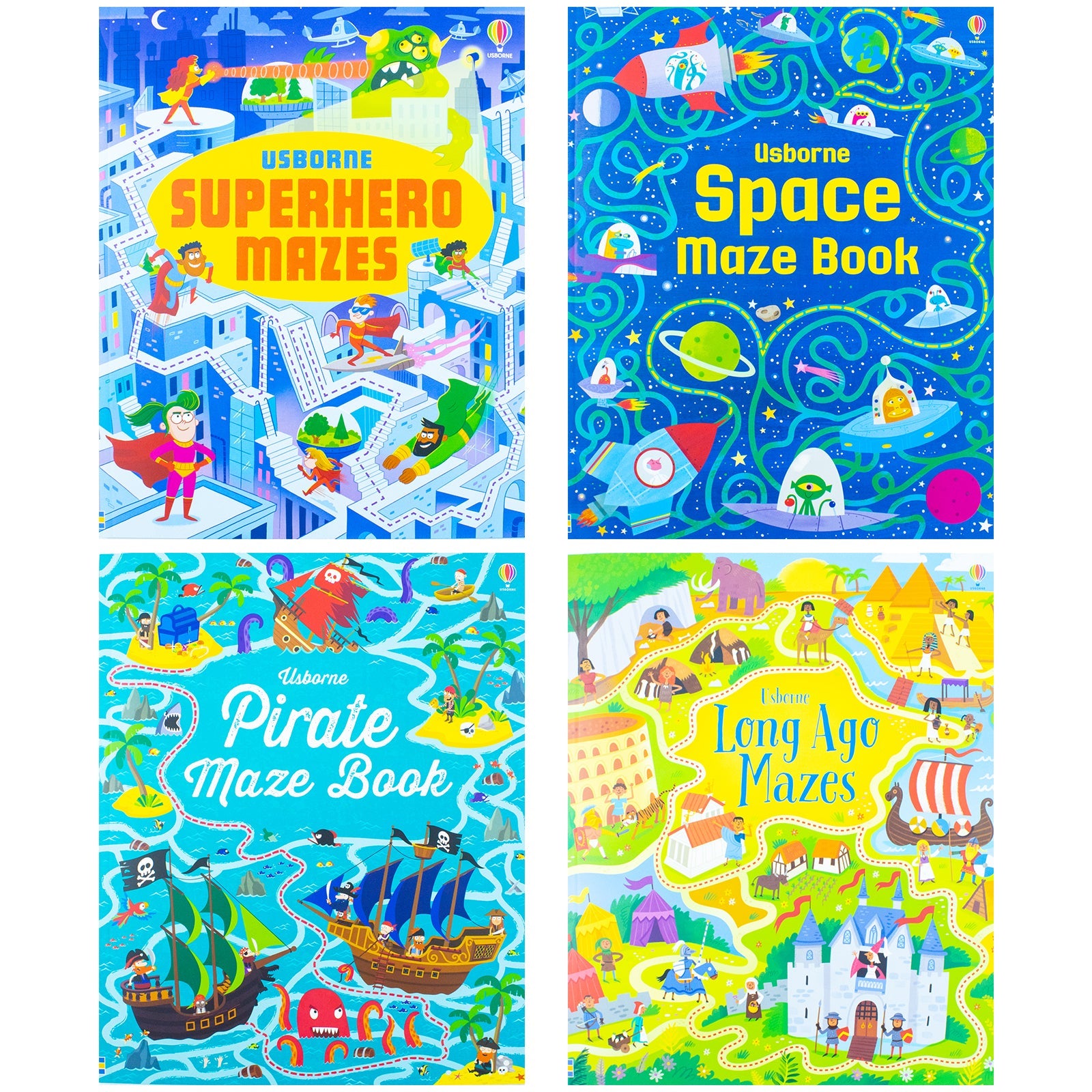 Usborne Maze Series 4-Book Collection Set by Sam Smith & Kirsteen Robson – Fun & Challenging Puzzle Books | Superhero, Pirate, Space & Long Ago Mazes