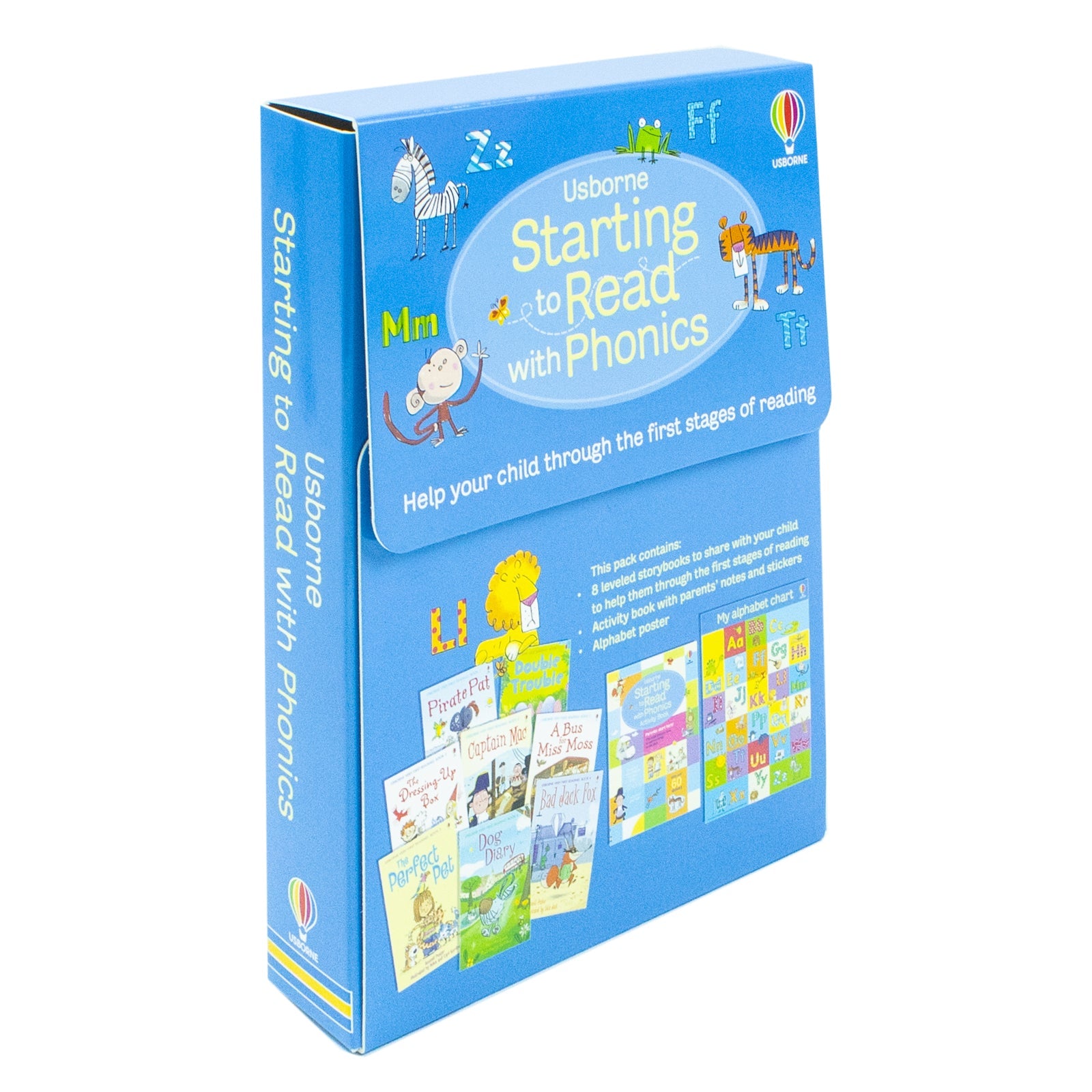 Usborne Starting to Read With Phonics 8 Books Collection Box Set With Activity Book & Alphabet Chart (Pirate Pat, Double Trouble, Dressing up Box & more)