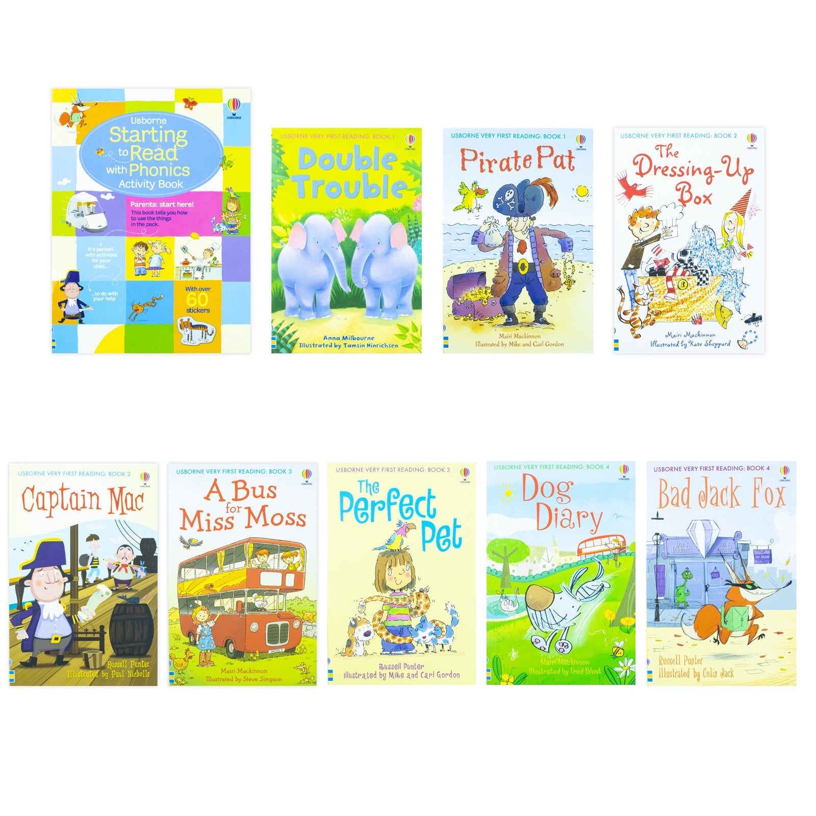 Usborne Starting to Read With Phonics 8 Books Collection Box Set With Activity Book & Alphabet Chart (Pirate Pat, Double Trouble, Dressing up Box & more)