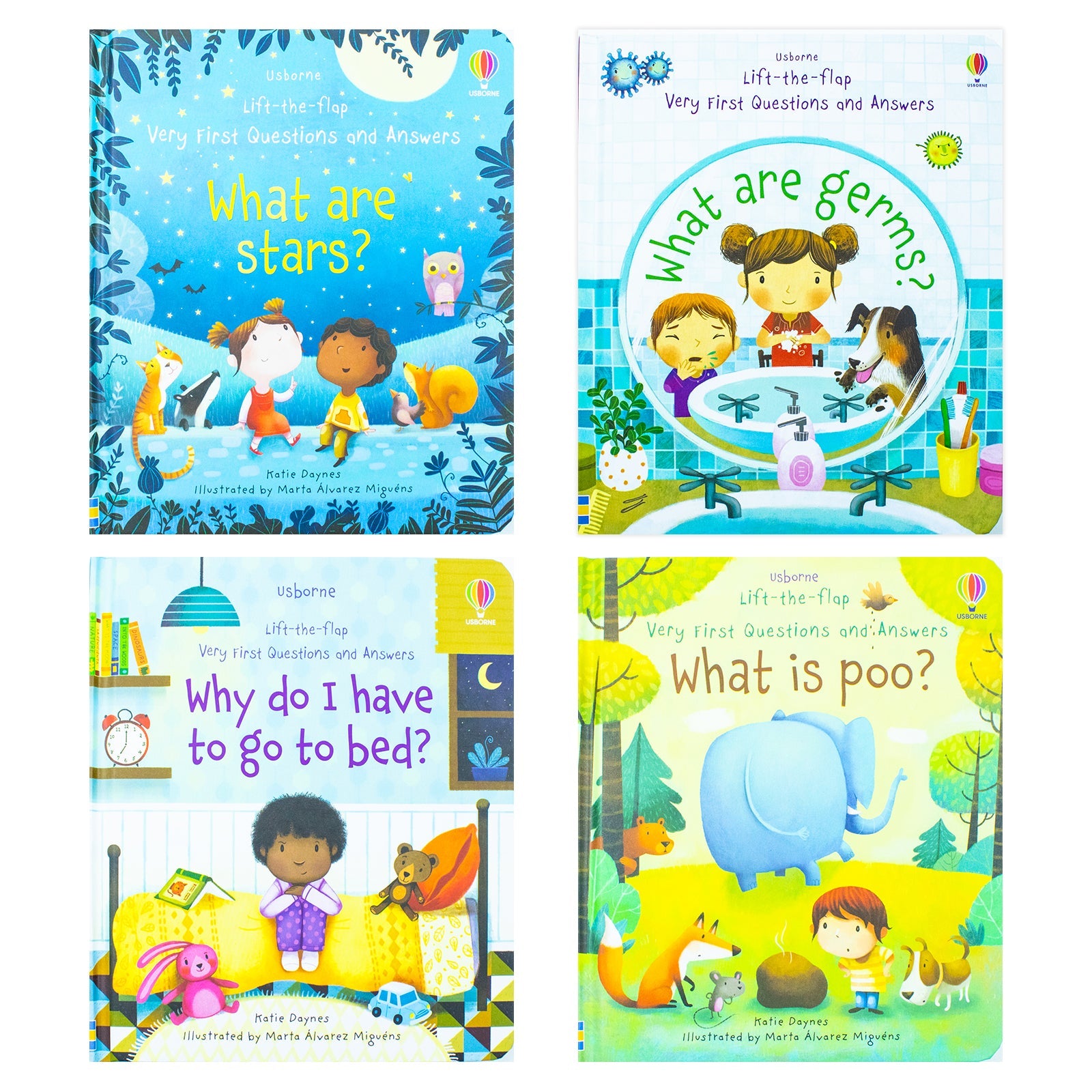 Usborne Lift the Flap Very First Questions & Answers 4 Book Set (What is Poo? What are Germs? What are Stars? Why Do I Have to Go to Bed?)