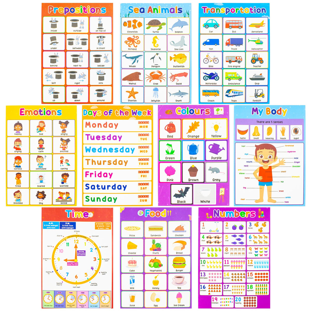 Children's Early Learning Collection 20 Poster Set - Educational Posters for Kids - Alphabets, Numbers, Shapes, Animals & More