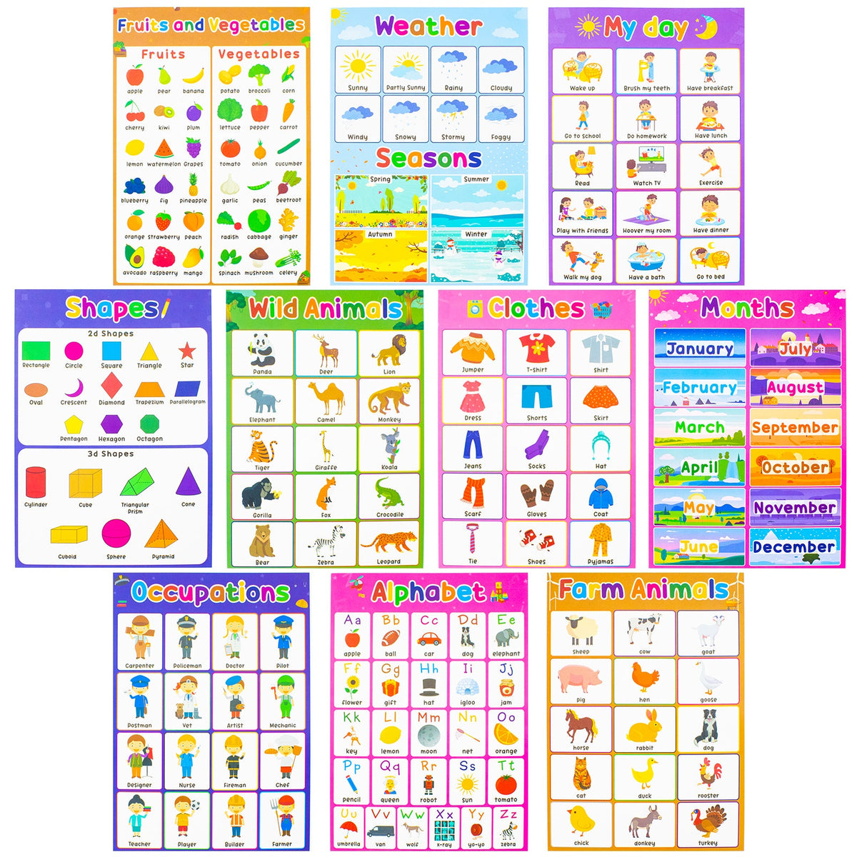 Children's Early Learning Collection 20 Poster Set - Educational Posters for Kids - Alphabets, Numbers, Shapes, Animals & More