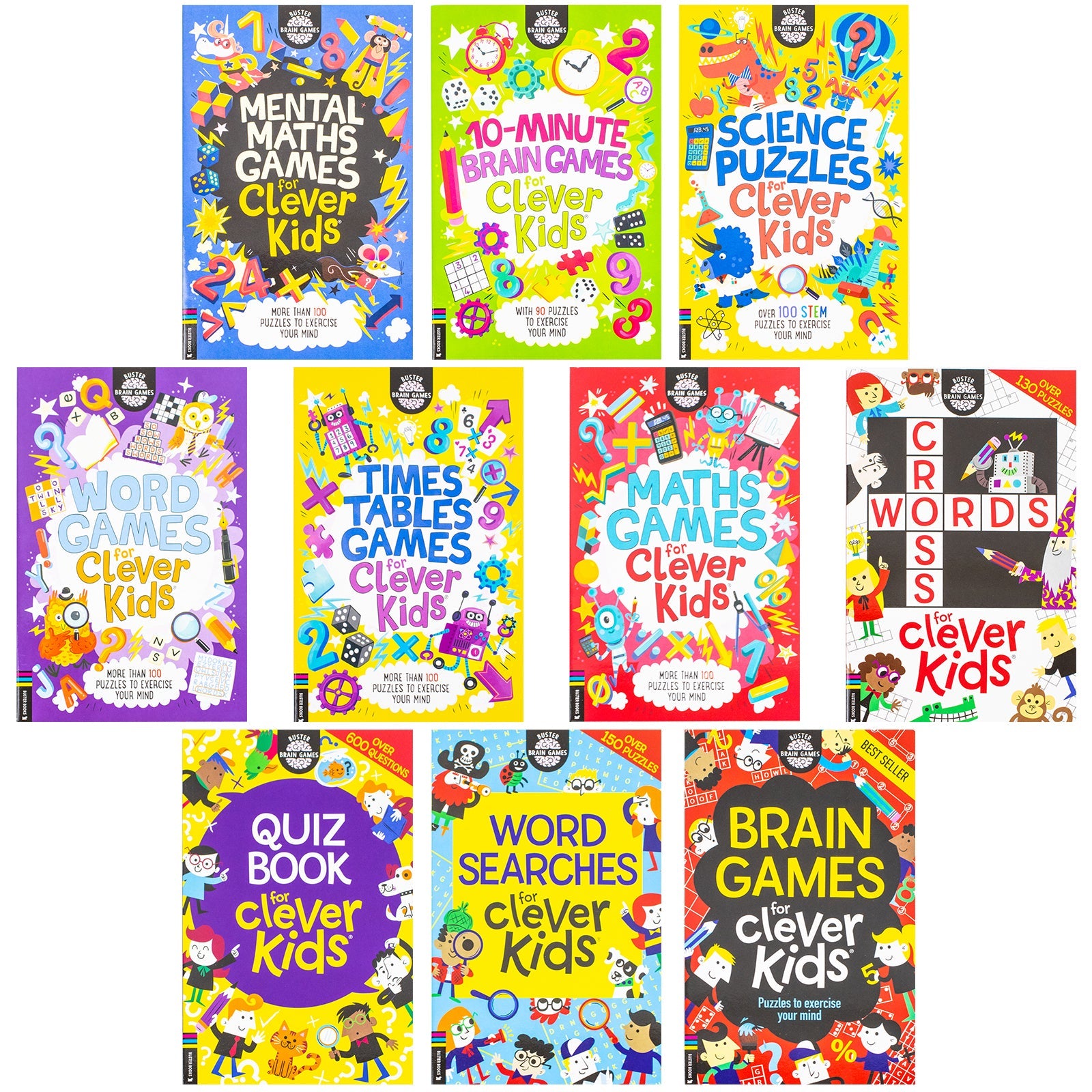 Brain Games 10 Books Collection Set For Clever Kids (Mental Maths Games, 10-Minute Brain Games, Science Puzzles, Word Games, Times Tables Games, Maths Games, Crosswords, Quiz Book, Wordsearches, Brain Games)