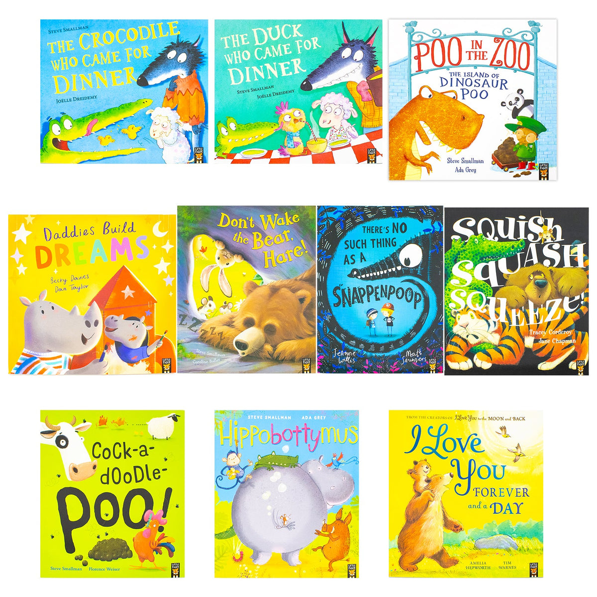 Animal Stories 10 Picture Books Collection Set (Squish Squash Squished, Cock-a-Doodle-Poo!, Hippobottymus, I Love You Forever and a Day and More)
