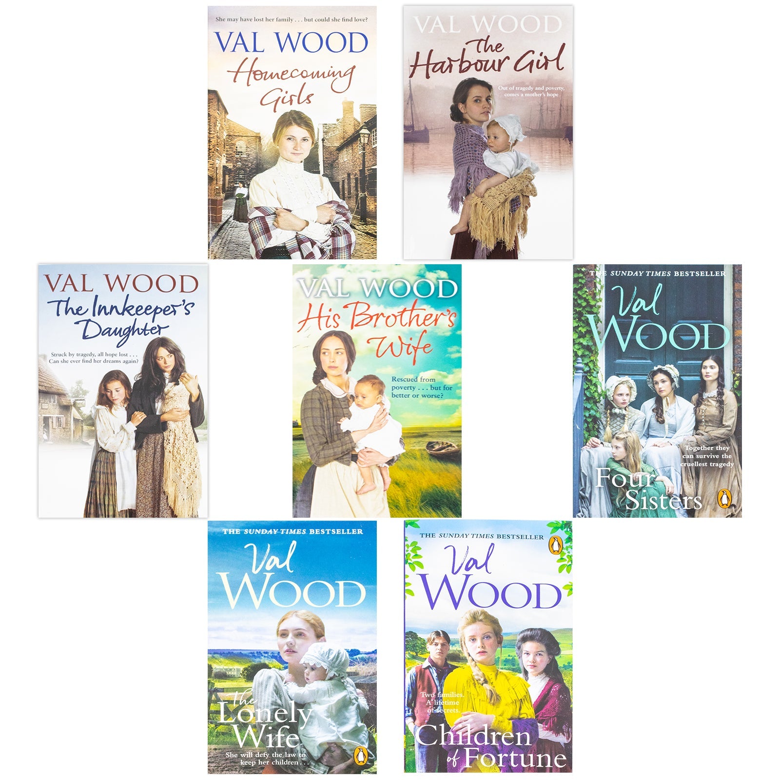 Val Wood Collection 7 Books Set (Homecoming Girls, His Brother's Wife, The Harbour Girl, The Innkeeper's Daughter, The Lonely Wife, Four Sisters, Children of Fortune)