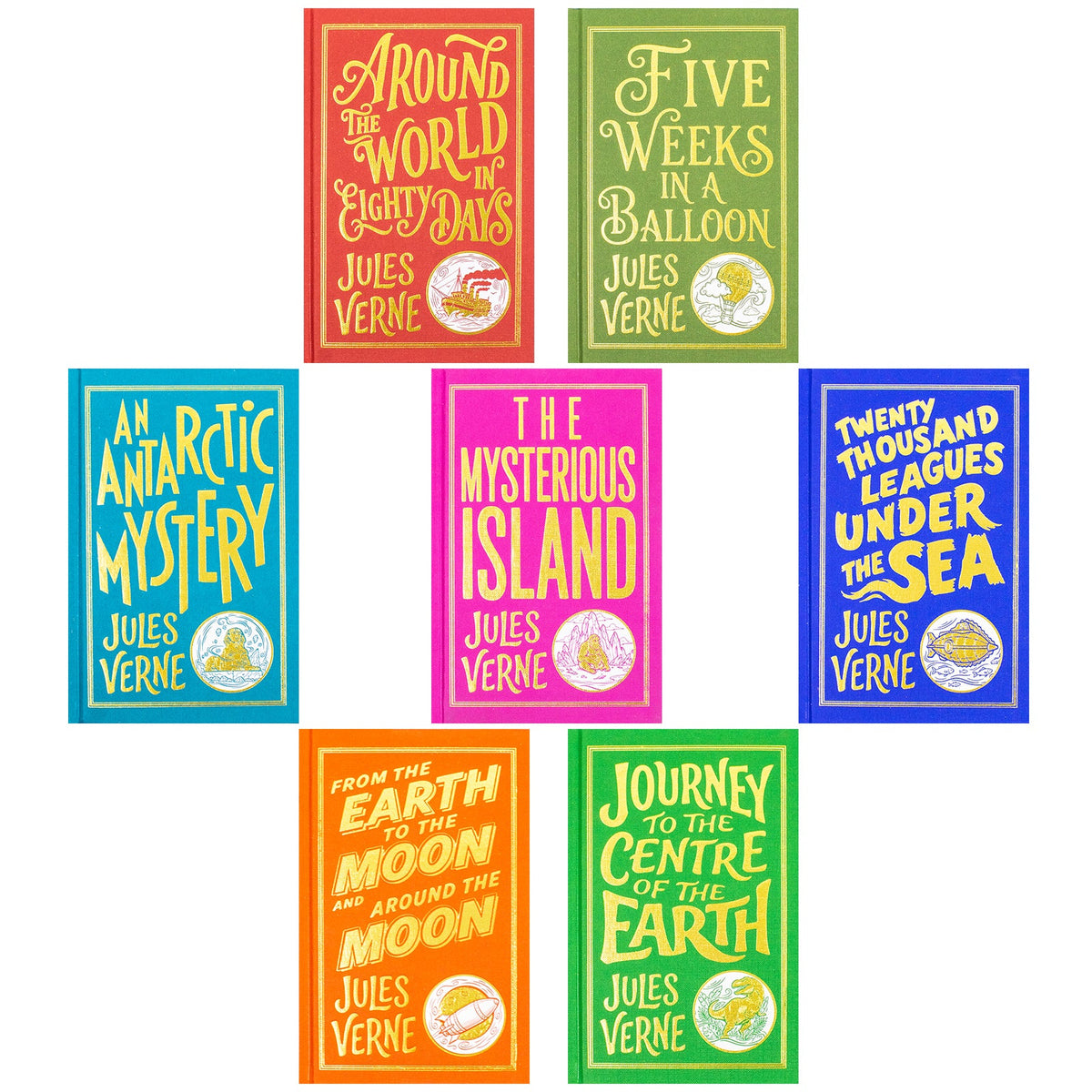 Jules Verne 7 Books Hardcover Box Set | The Mysterious Island, Around the World in Eighty Days, Twenty Thousand Leagues Under the Sea & More | Classic Adventure Fiction