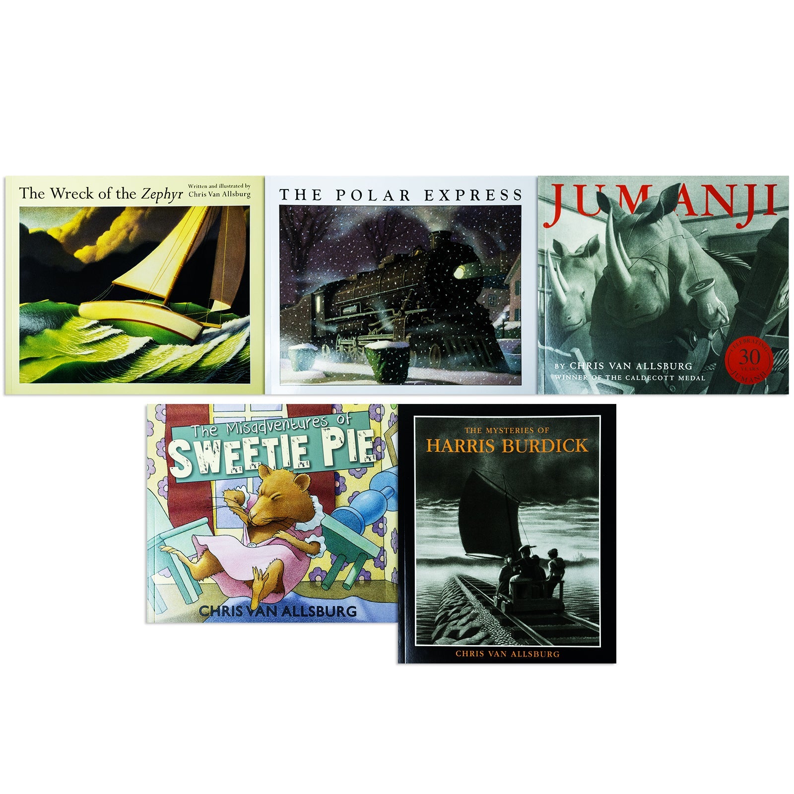 Chris Van Allsburg 5 Book Set: The Polar Express, Jumanji, Harris Burdick, Sweetie Pie, Zephyr – Classic Illustrated Fantasy Stories for Kids