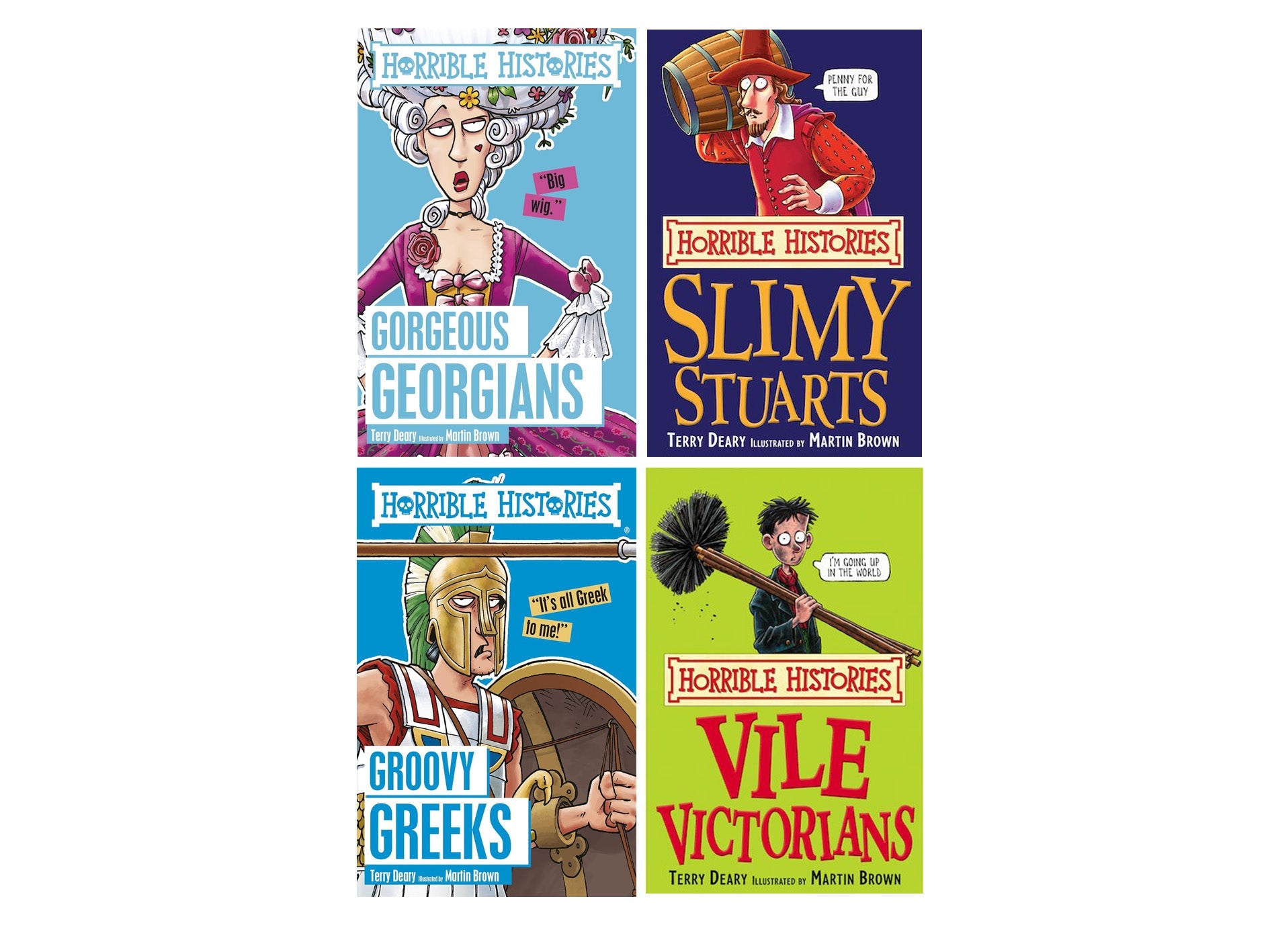 Horrible Histories 4 Books Set By Terry Deary- Gorgeous Georgians, Slimy Stuarts, Groovy Greeks and Vile Victorians