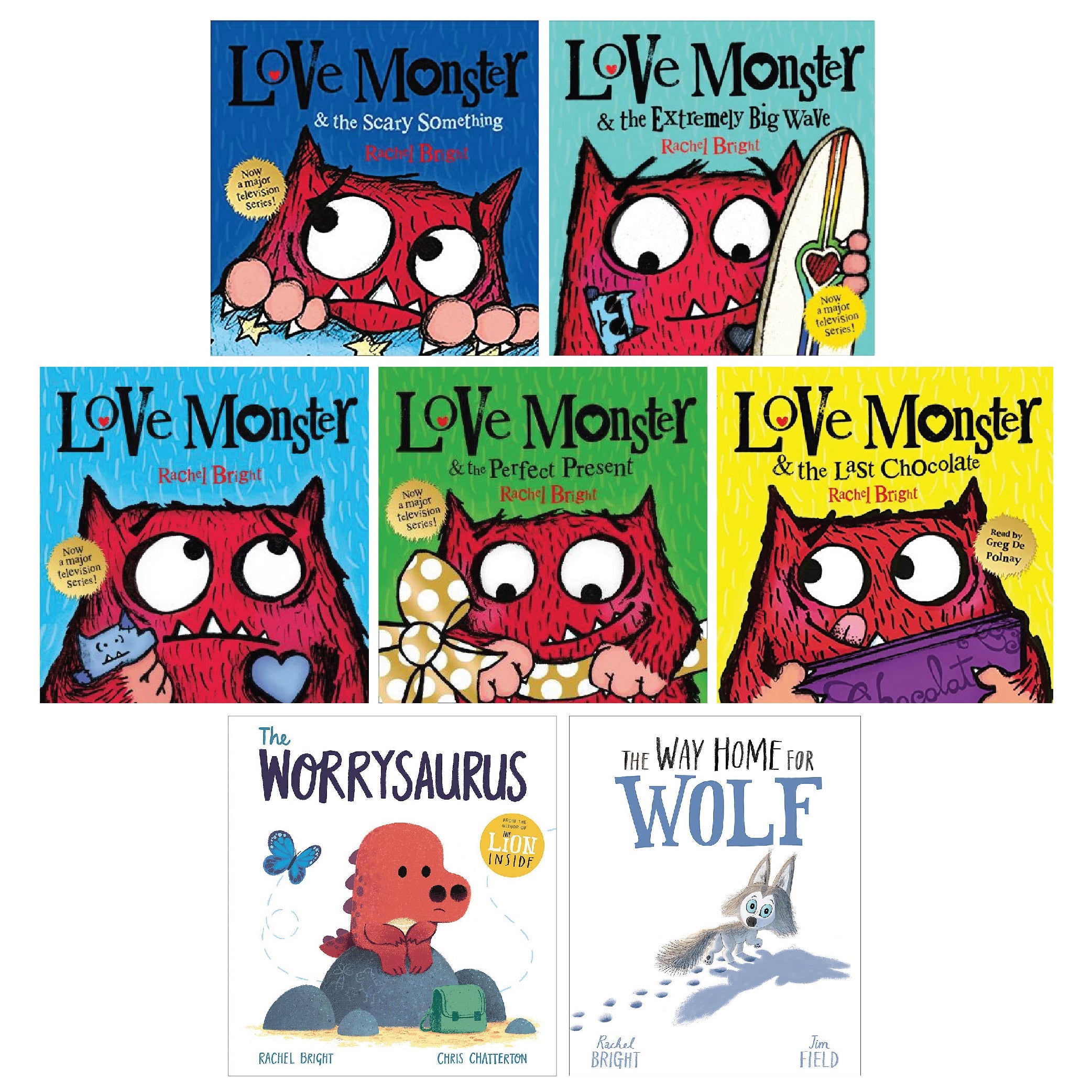 Rachel Bright Collection 7 Book Set( Love Monster Series, Worrysaurus, Way Home for Wolf