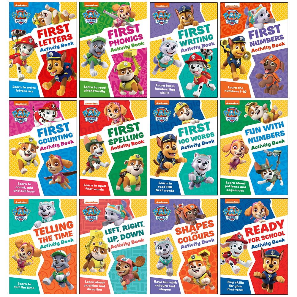 Paw Patrol Get Set for School – 12 Educational Activity Book Set for Kids | Phonics, Writing, Numbers, Spelling, Telling Time & Early Learning Fun