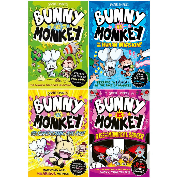 Bunny vs Monkey 4 Books Collection Set by Jamie Smart's (Bunny vs Monkey, The Human Invasion, The Supersonic Aye-Aye & Rise of the Maniacal Badger)