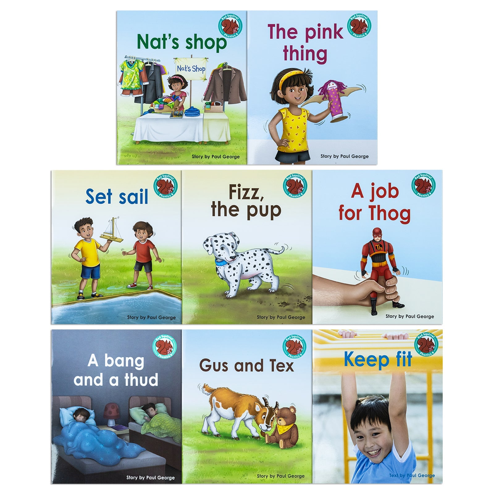 Red Squirrel Phonics Level 4- Set 2 Collection 8 Books Set(Gus and tex,A bang and a thud, Nat's shop, Keep fit, The pink thing, Fizz the pup, Set sail, A job for Thog)