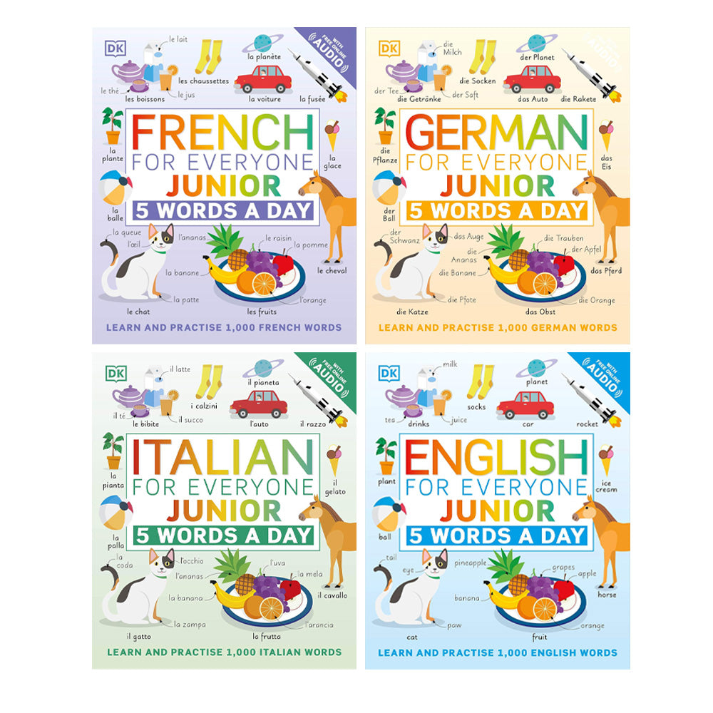 5 Words a Day series 4 Books Collection Set By DK (French for Everyone Junior, Italian for Everyone Junior, German for Everyone Junior and English for Everyone Junior 5 Words a Day)