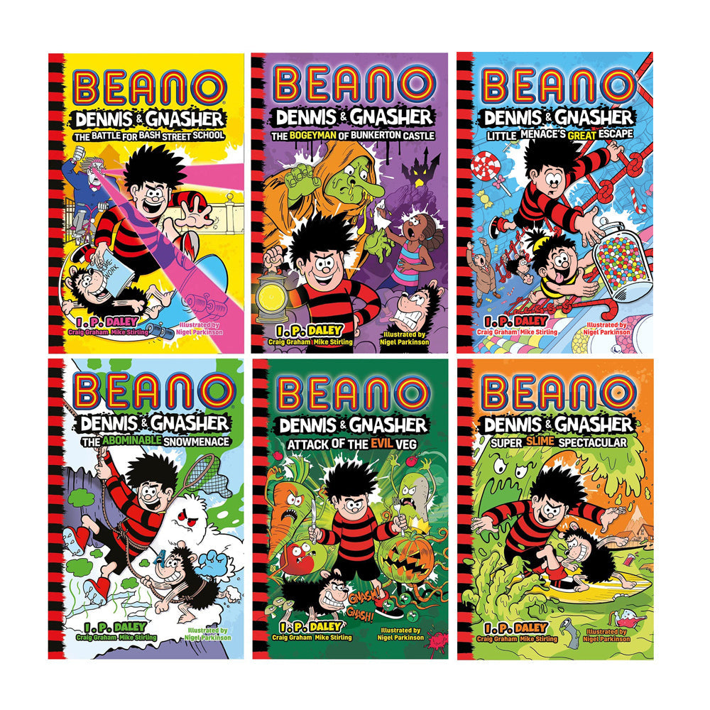 Beano Dennis & Gnasher 6 Book Series by I.P. Daley – Kids Comics Collection | Funny Adventures, School Battles, Evil Veg, Snowmen, Fiction Fun