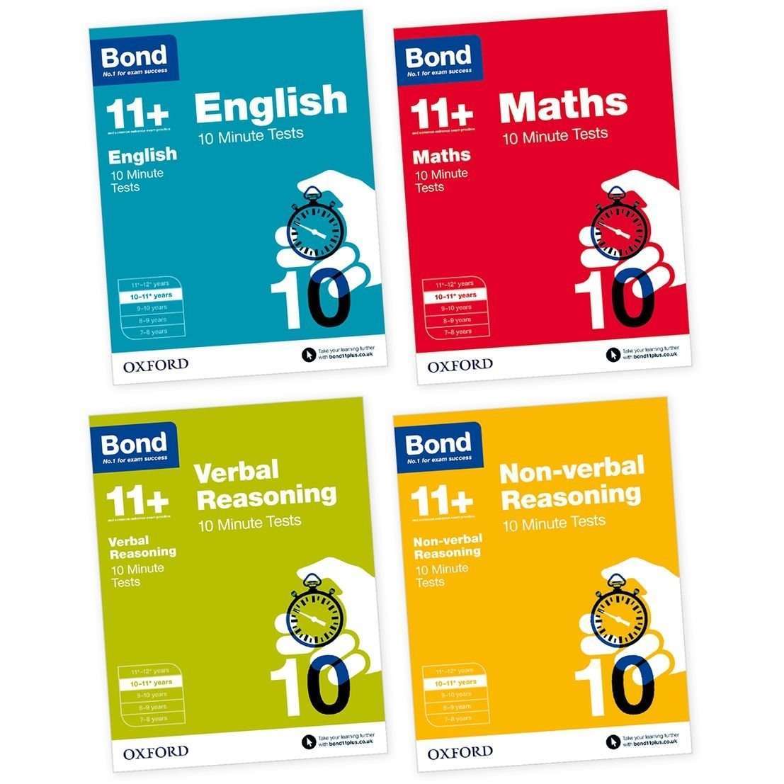 Bond 11+ Maths, English & More 4 paperback Book Set – Ages 10-11 | Practice & 10-Minute Tests for School Curriculum & Exam Success | Oxford Education