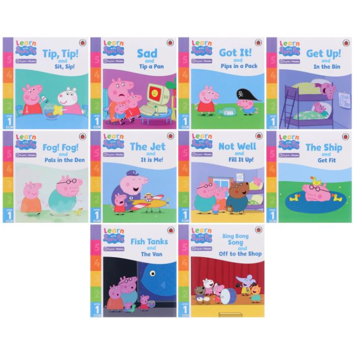 Learn with Peppa Phonics Level 1: 10 Books Collection Set By Peppa Pig (Tip Tip and Sit Sip, Sad and Tip a Pan, Got It! and Pips in a Pack, Get Up! and In the Bin, Fog! Fog! and In the Den & More)