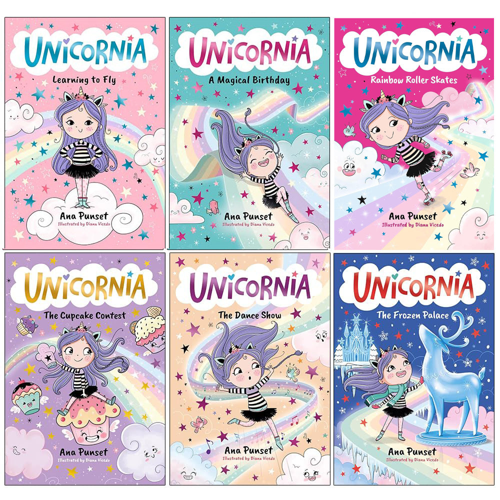 Unicornia Series 6 Books Collection Set By Ana Punset (Learning to Fly, A Magical Birthday, The Cupcake Contest, The Dance Show, The Frozen Palace and Rainbow Roller Skates) | Paperback