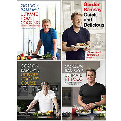 Photo of Ultimate Home Cooking, Quick and Delicious, Ultimate Cookery Course and Ultimate Fit Food 4 Books Set by Gordon Ramsay on a White Background