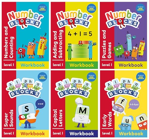 Numberblocks and Alphablocks Level 1 Collection 6 Workbooks Set With Stickers (Numberblocks Numbers and Counting, Adding and Subtracting, Puzzles and ... More) (Numberblocks and Alphablocks Workbooks)