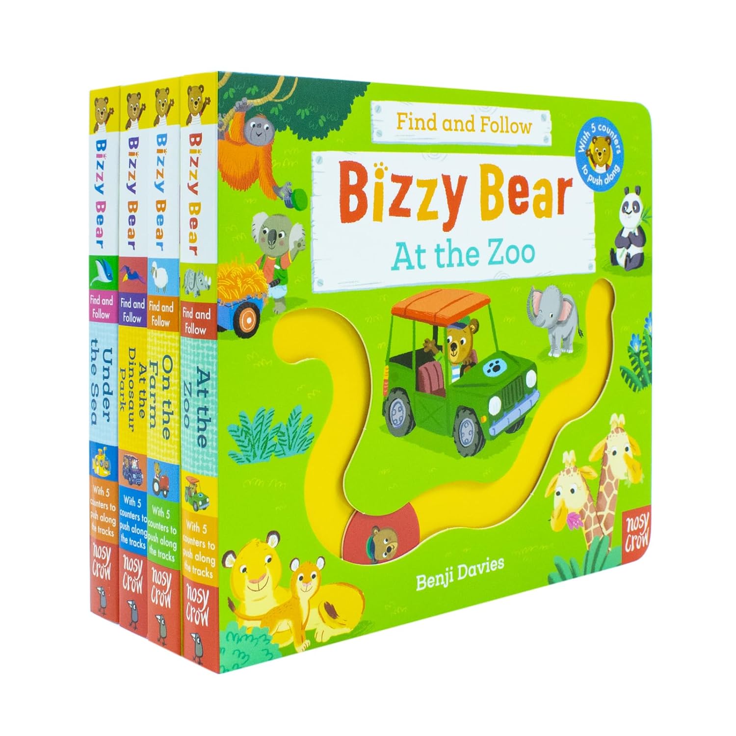 Bizzy Bear: Find and Follow Series 4 Books Set by Benji Davies – Interactive Board Books for Curious Little Readers | At The Zoo, On The Farm, At The Dinosaur Park and Under The Sea