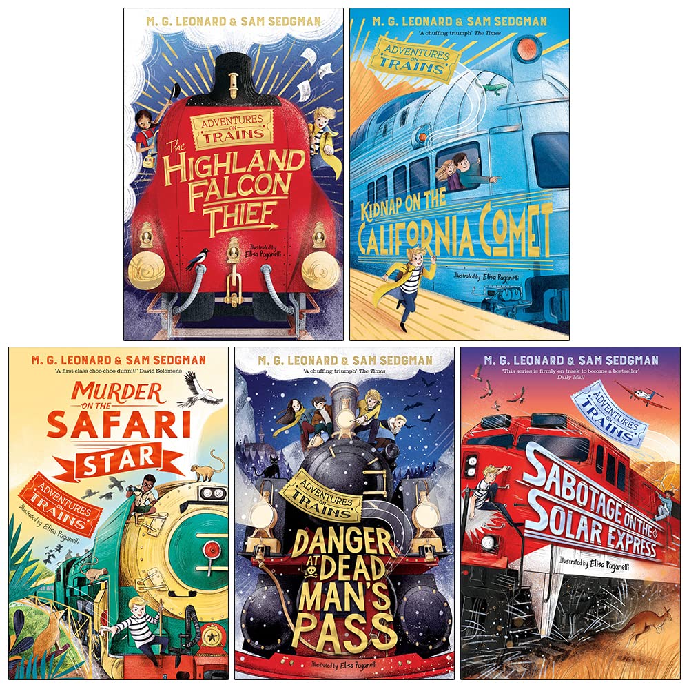 Adventures on Trains 5 Book Set by M. G. Leonard & Sam Sedgman –Highland Falcon Thief, California Comet, Safari Star,Mystery Stories for Young Readers