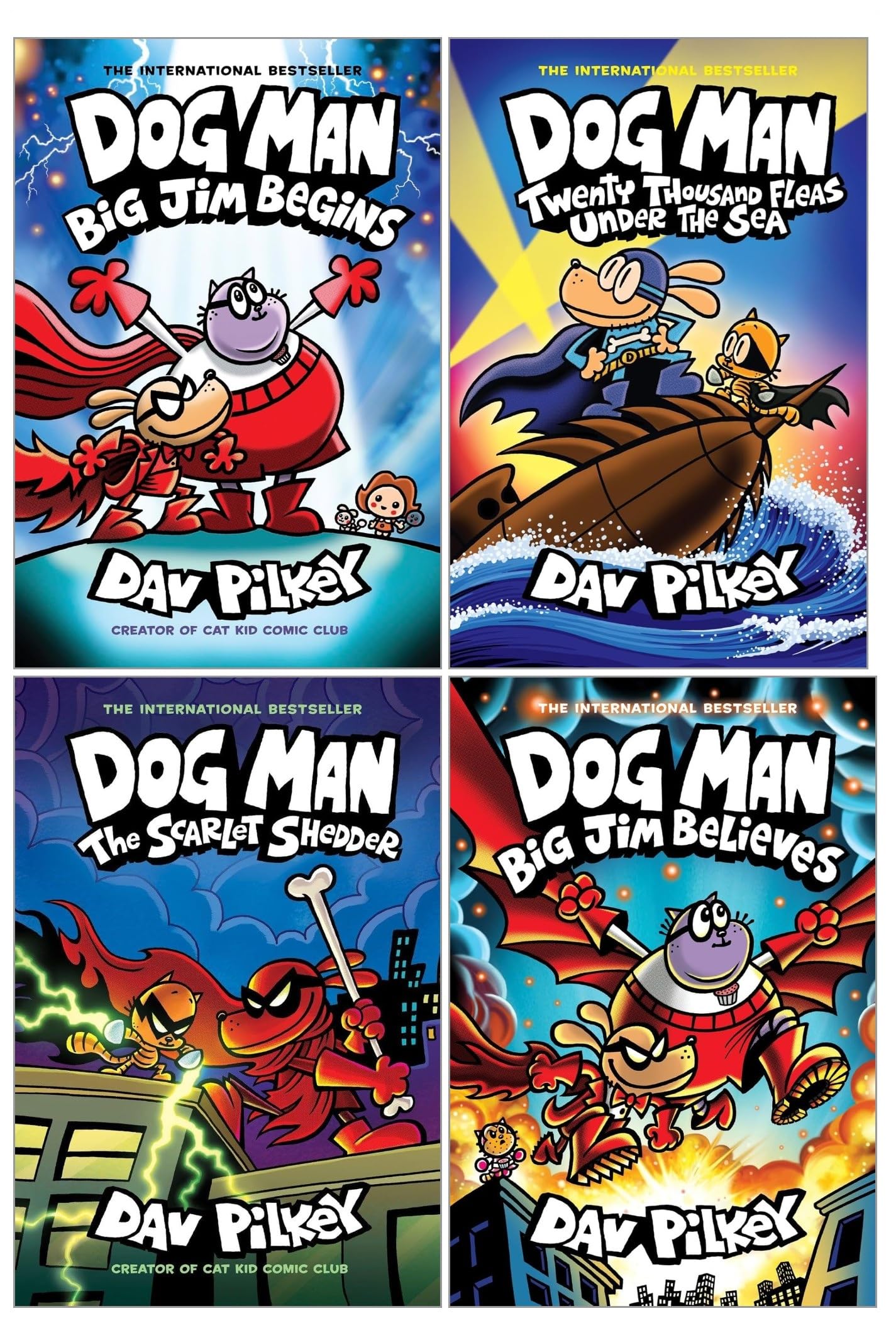 Dog Man Series 11-14 Collection 4 Books Set By Dav Pilkey (Twenty Thousand Fleas Under the Sea, The Scarlet Shedder, Big Jim Begins, Big Jim Believes) | Hardcover