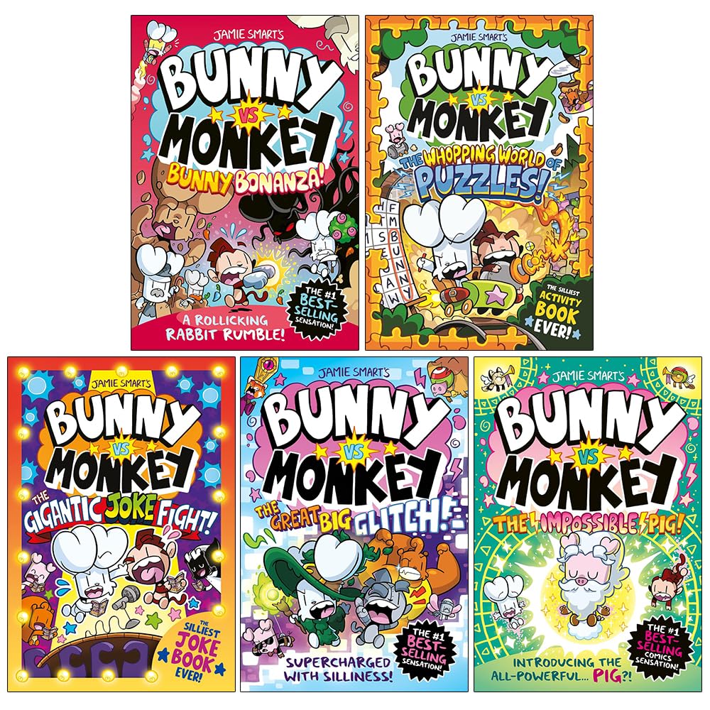 Bunny vs Monkey Set 2: Collection 5 Books Set By Jamie Smart (Bunny Bonanza, The Whopping World Of Puzzles, The Gigantic Joke Fight, The Great Big Glitch and The Impossible Pig)