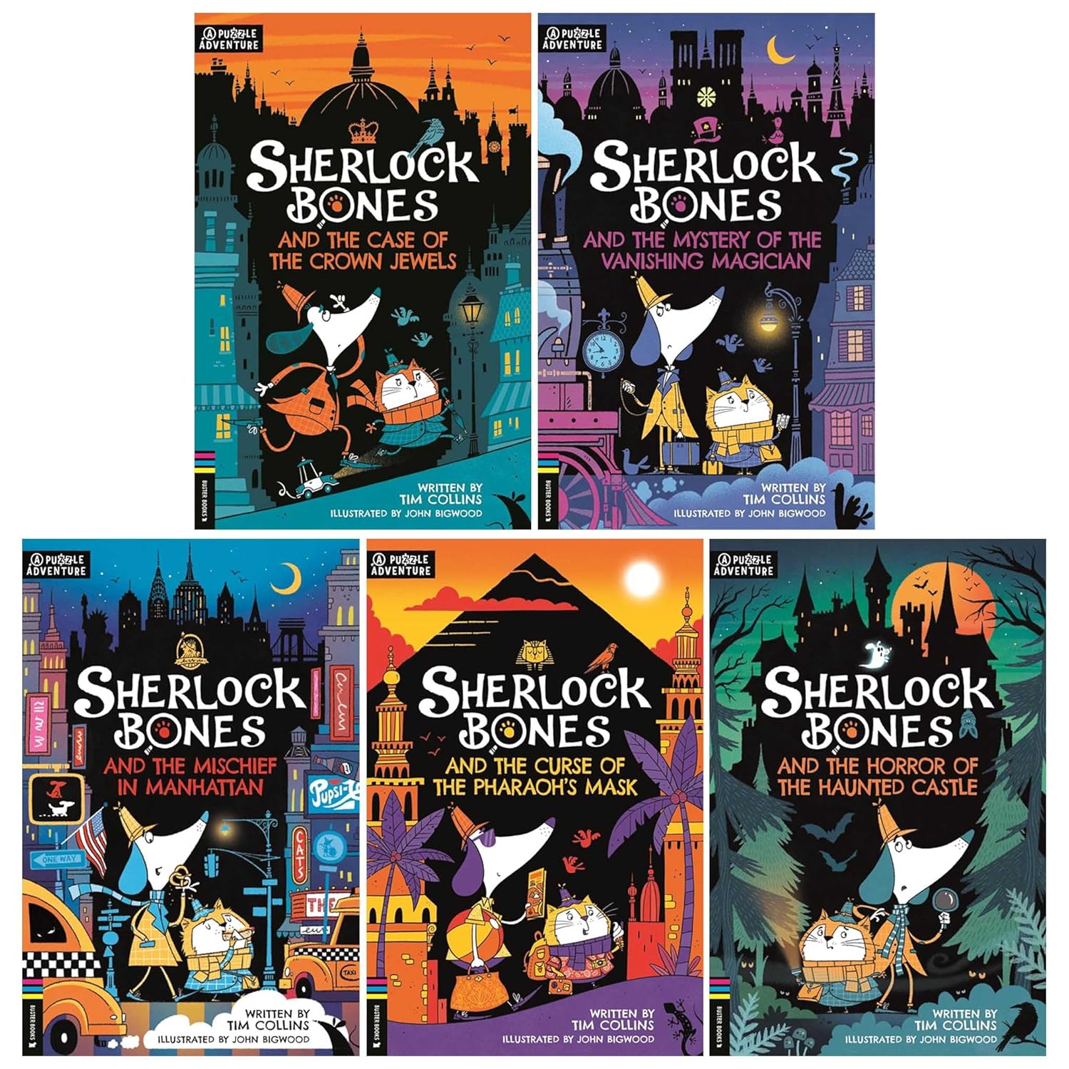 Adventures of Sherlock Bones By Tim Collins 5 Books Collection Set (Horror of the Haunted Castle, Mischief in Manhattan, Curse of the Pharaoh's Mask, Mystery of the Vanishing Magician and the Case of the Crown Jewel) | Paperback