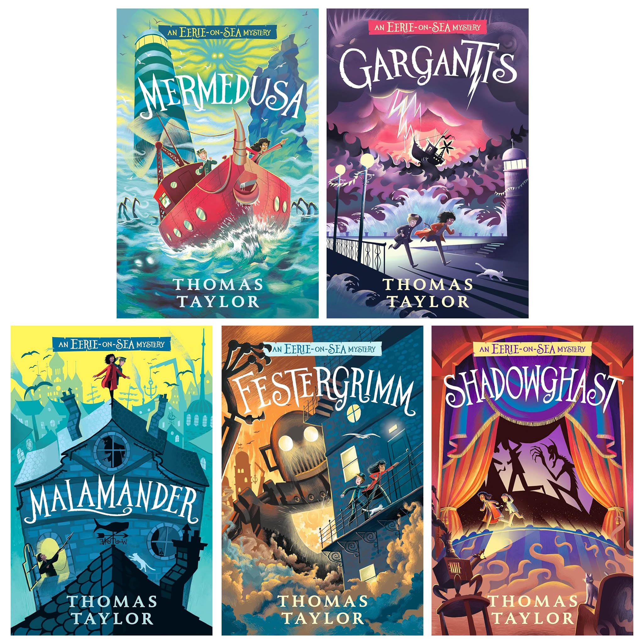An Eerie-on-Sea Mystery Series 5 Book Set by Thomas Taylor – Malamander, Gargantis, Shadowghast, Festergrimm, Mermedusa – Kids Adventure Fiction