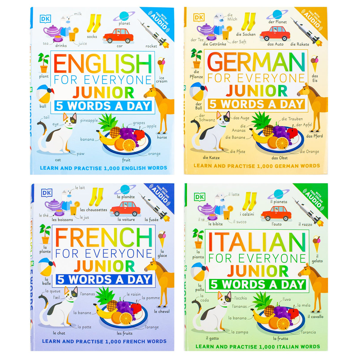 5 Words a Day series 4 Books Collection Set By DK (French for Everyone Junior, Italian for Everyone Junior, German for Everyone Junior and English for Everyone Junior 5 Words a Day)