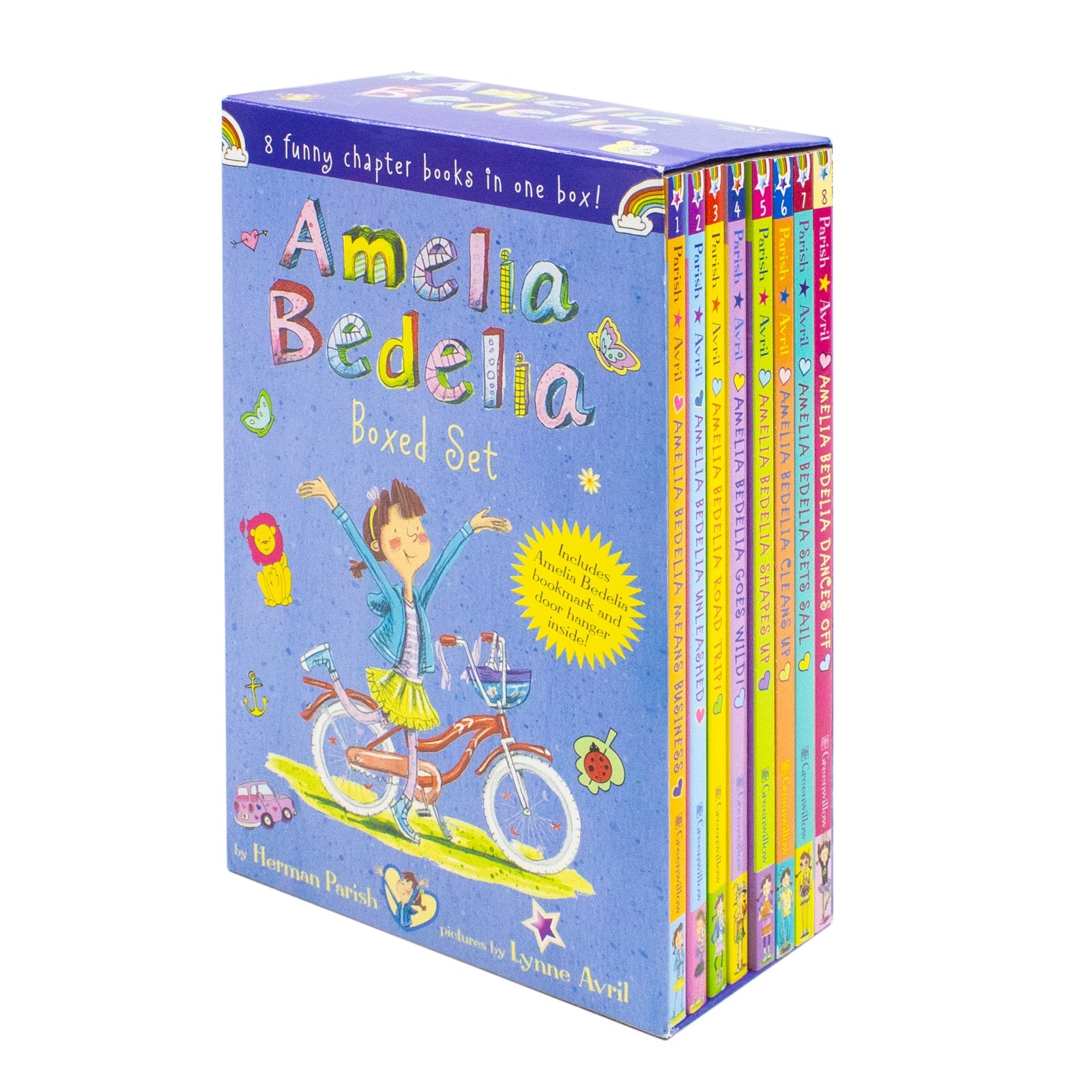 Amelia Bedelia 8 Book Collection Set by Hermin Parish (Dances Off, Sets Sail, Cleans Up, Shapes Up, Goes Wild, Road Trip, Unleashed, Means Business)