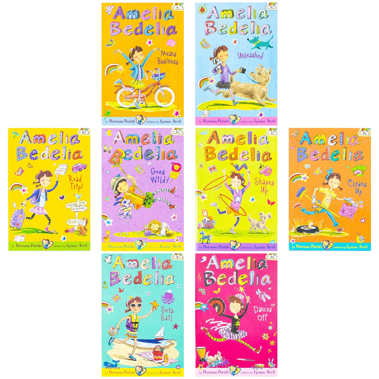 Amelia Bedelia 8 Book Collection Set by Hermin Parish (Dances Off, Sets Sail, Cleans Up, Shapes Up, Goes Wild, Road Trip, Unleashed, Means Business)