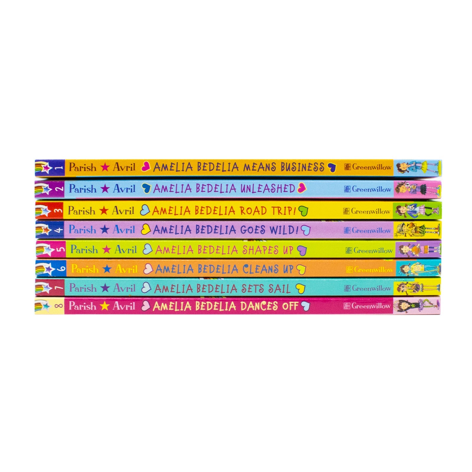 Amelia Bedelia 8 Book Collection Set by Hermin Parish (Dances Off, Sets Sail, Cleans Up, Shapes Up, Goes Wild, Road Trip, Unleashed, Means Business)