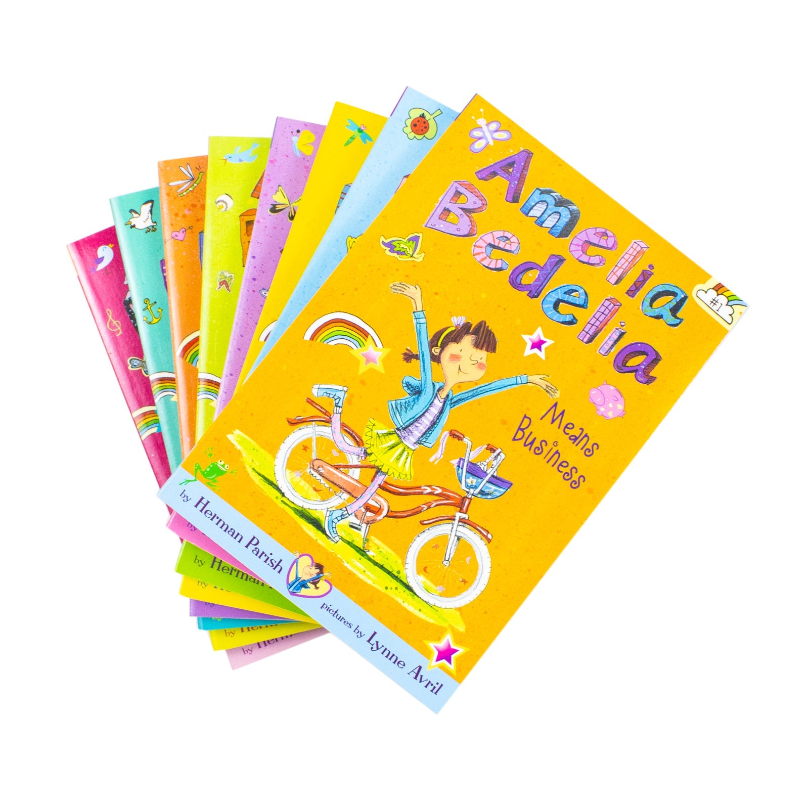 Amelia Bedelia 8 Book Collection Set by Hermin Parish (Dances Off, Sets Sail, Cleans Up, Shapes Up, Goes Wild, Road Trip, Unleashed, Means Business)
