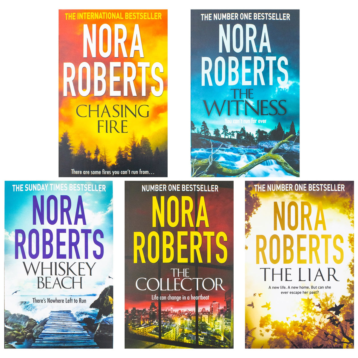 Nora Robert 5 Book Collection Set (Chasing Fire,The Collector,The Witness,Whiskey Beach,The Liar)