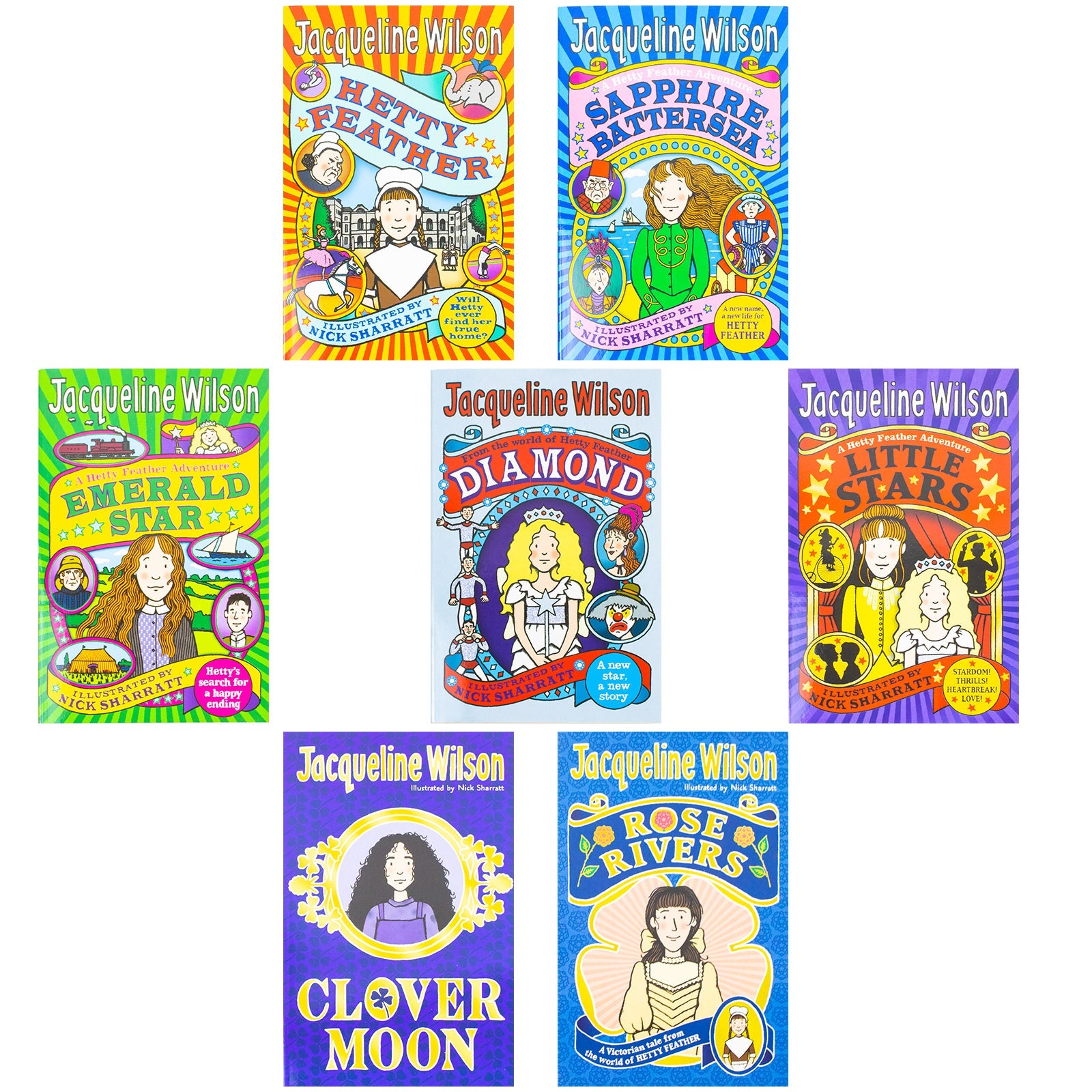Jacqueline Wilson 7 Book Collection Set Hetty Feather Series (Heaty Feather, Sapphire Battersea, Emerald Star, Diamond, Little Star, Clover Moon, Rose Rivers) | Paperback