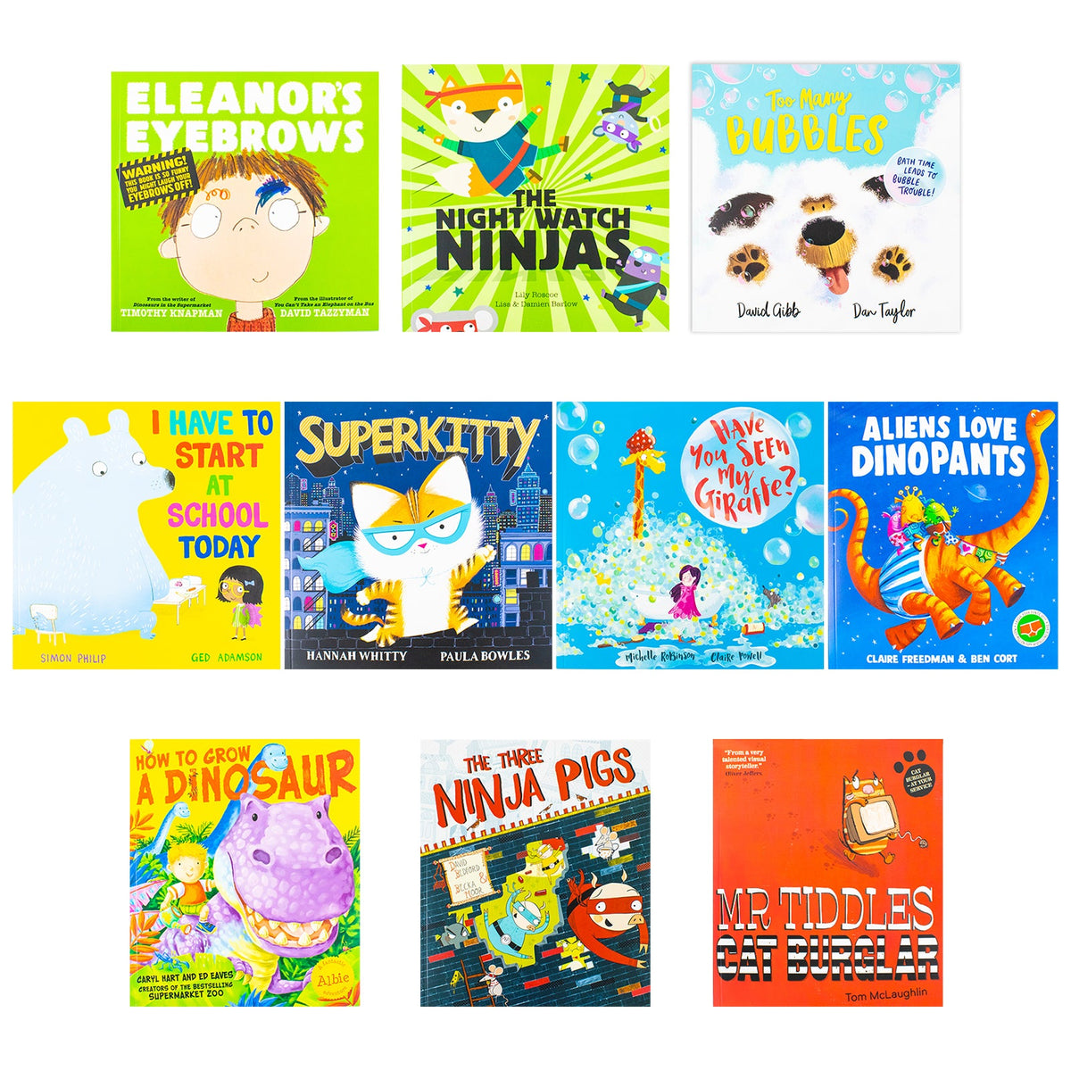 Humorous Children's Picture Books Collection Illustrated 10 Books Set (Aliens Love Dinopants, Superkitty, Three Ninja Pigs, Have You Seen My Giraffe?, Eleanor's Eyebrows, Too Many Bubbles & More...)